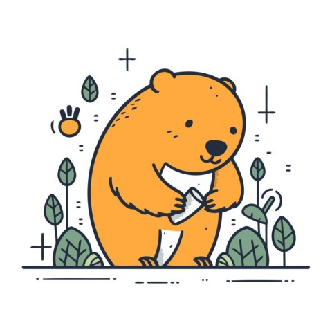 Cute cartoon beaver in the forest. Linear vector illustration.