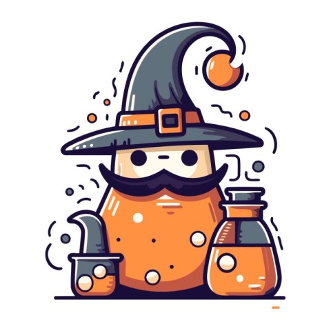 Cute cartoon snowman with a witch hat and potion. Vector illustr