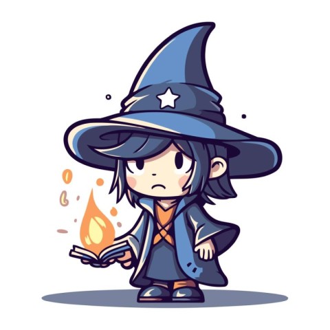 Witch reading a book. Cute cartoon character. Vector illustratio