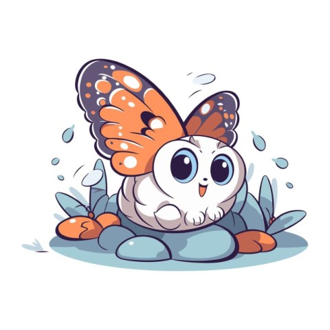 Cute cartoon owl sitting on pebble. Vector illustration.