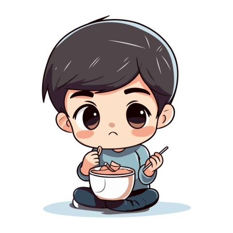 Cute boy eating soup isolated on white background. Vector illust