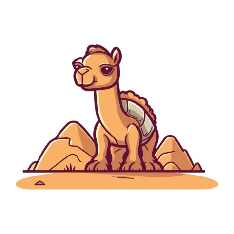 Cute camel sitting on the sand. Vector illustration in cartoon s