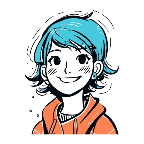 Vector illustration of a young woman with blue hair. Cartoon sty