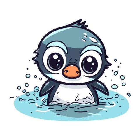 Cute cartoon penguin swimming in the water. Vector illustration.