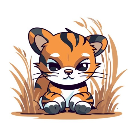 Cute cartoon tiger cub sitting in the grass. Vector illustration