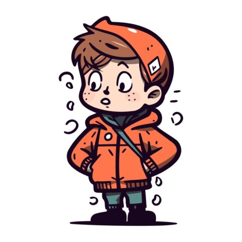 Cute little boy in winter clothes. Vector hand drawn illustratio