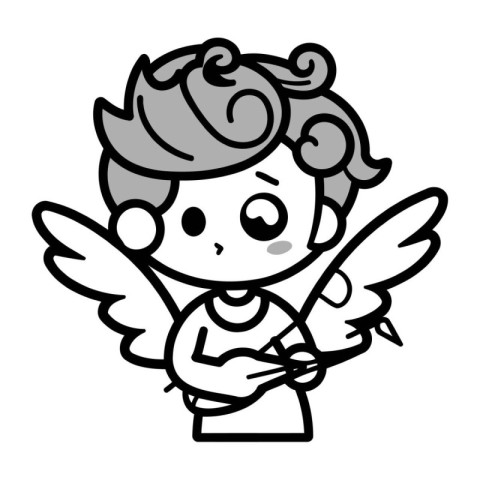 Cupid   Black and White Cartoon Illustration of a Cute Angel