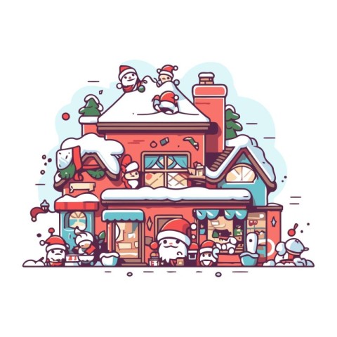 Christmas house with santa claus and snowman vector illustration