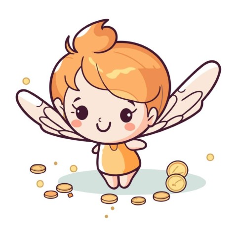 Cute little angel with a lot of coins. Vector illustration.