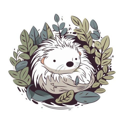 Cute hedgehog with leaves in a wreath. Vector illustration.