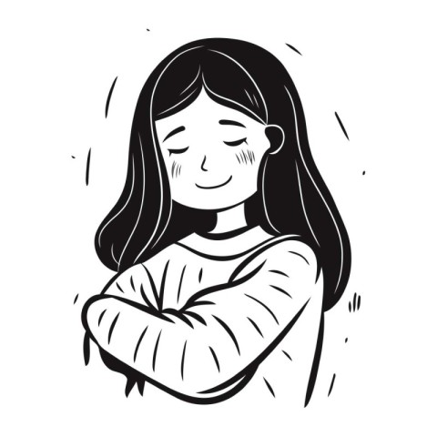 Girl with closed eyes. Vector illustration in black and white co