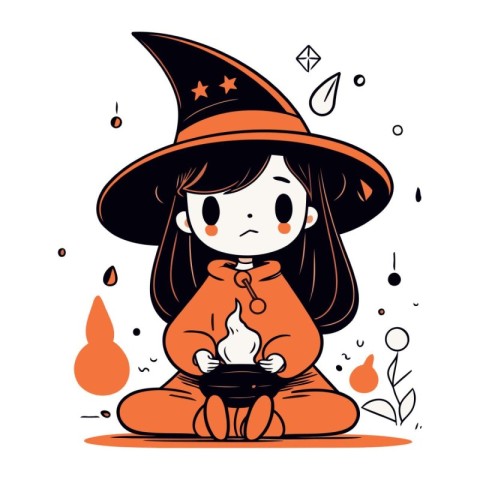 Cute little witch sitting on the floor and holding a magic wand.