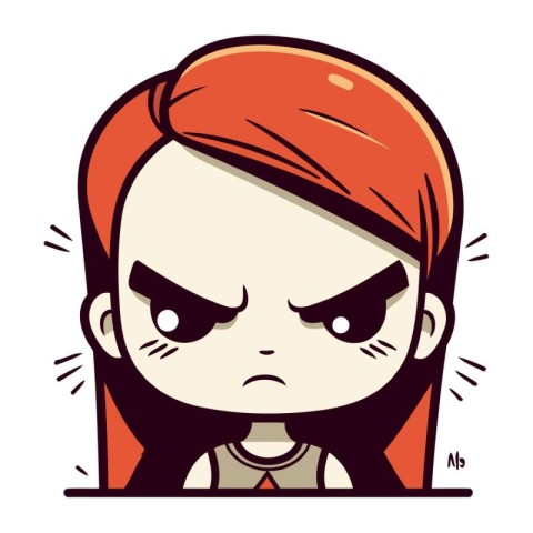 Angry cartoon girl with red bandana on head. Vector illustration