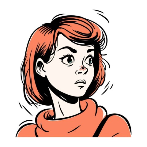 Vector illustration of a girl with red hair in a red scarf.