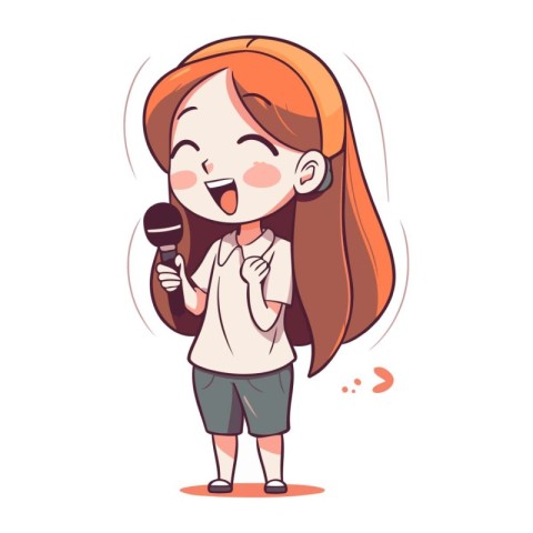 Cute little girl singing karaoke with microphone. Vector illustr