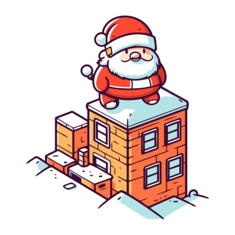 Santa Claus sitting on the roof of the house. Vector illustratio