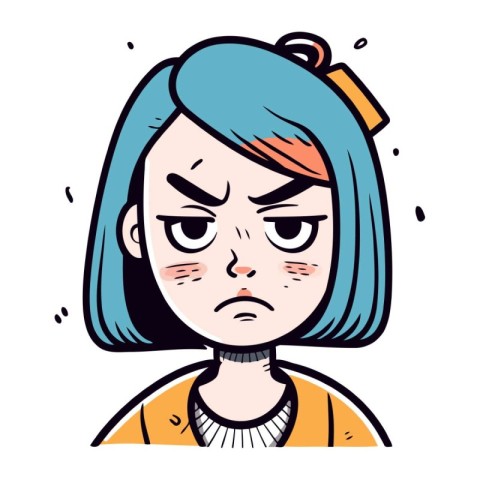 Angry woman with blue hair. Vector illustration in cartoon style