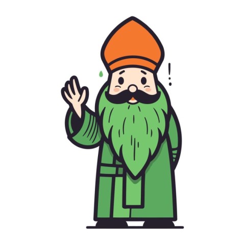 Cartoon illustration of a green dwarf with a long beard and must