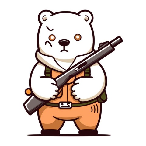 Polar bear with a gun. Cute cartoon character. Vector illustrati