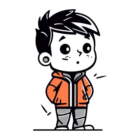 Cute little boy in orange jacket. Vector illustration in cartoon