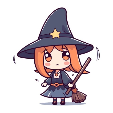 Cute cartoon witch girl with a broomstick. Vector illustration.