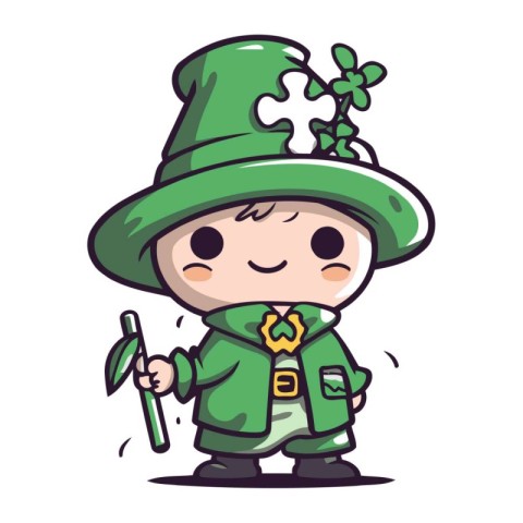 Cute boy in green leprechaun costume. Vector illustration.