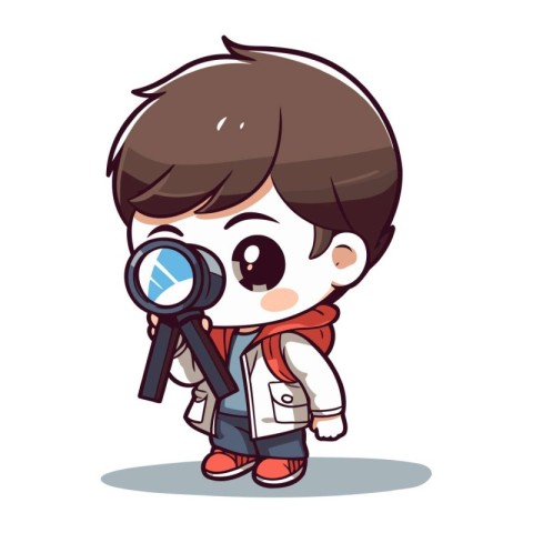 Cute boy holding a magnifying glass cartoon character vector ill