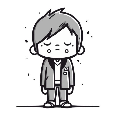 Illustration of a boy wearing a coat with a sad expression.