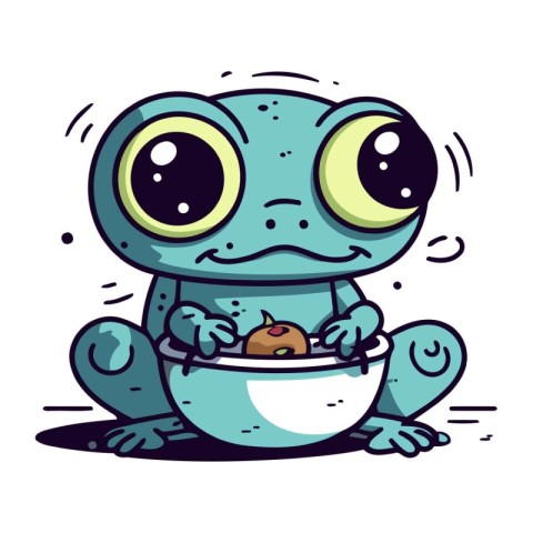 Cute cartoon frog with a bowl of food. vector illustration.