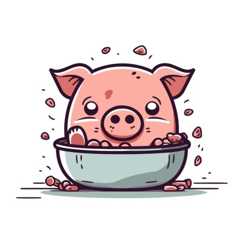 Cute pig with bowl of food. Vector illustration in cartoon style