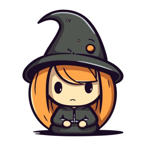 Witch girl with a black hat. Cute cartoon vector illustration.