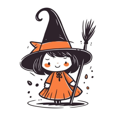 Cute little girl in witch costume with broom. Vector illustratio