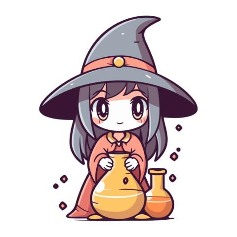 Cute little witch with a pot of potion. Vector illustration.