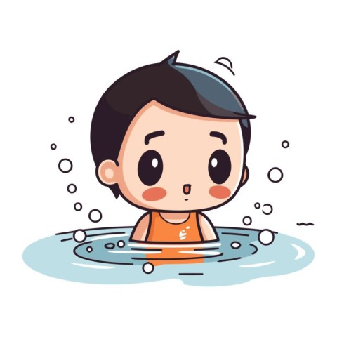 Cute cartoon boy swimming in the pool. Vector illustration on wh