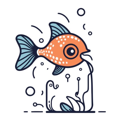 Vector illustration of a fish in aquarium. Flat line art style.