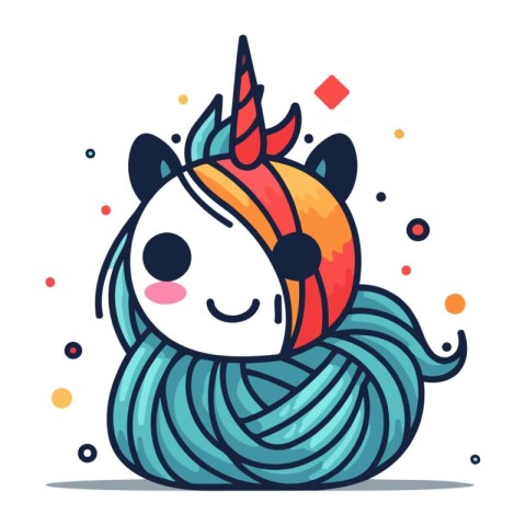 Cute cartoon unicorn with a ball of yarn. Vector illustration.