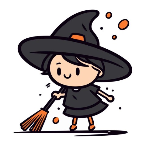 Cute cartoon girl in witch costume with broom. Vector illustrati