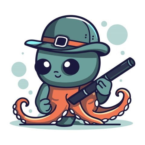 Cute cartoon octopus in a hat with a gun. Vector illustration.