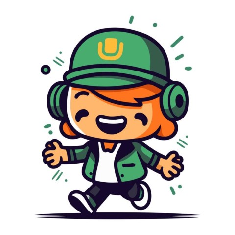 Cute Cartoon Boy Wearing Green Army Uniform Running Vector Illus