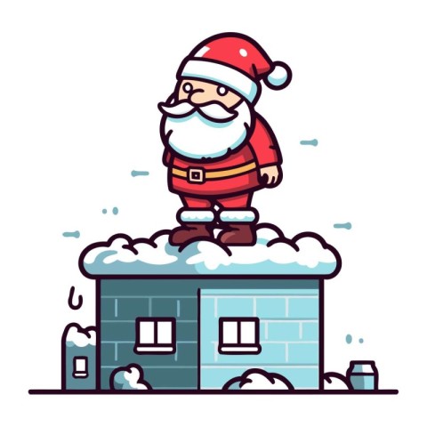 Santa Claus standing on the roof of the house. Vector illustrati