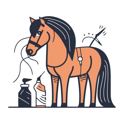 Horse care concept. Vector illustration in flat line style on wh