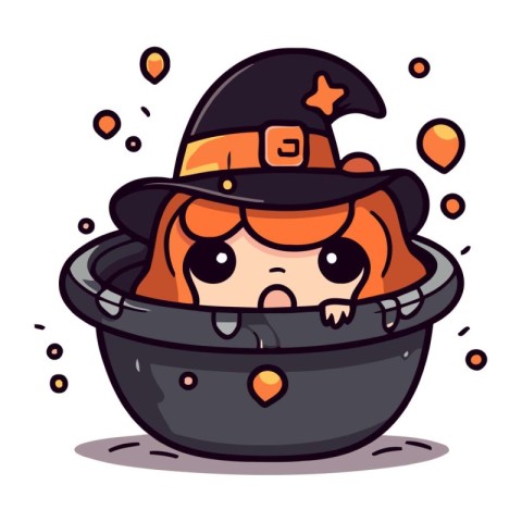 Cute little witch girl in a black pot. Vector illustration.