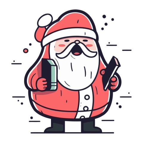 Santa Claus with a mobile phone. Vector illustration in line sty