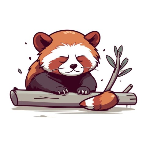 Cute red panda sleeping on a log. Vector illustration.