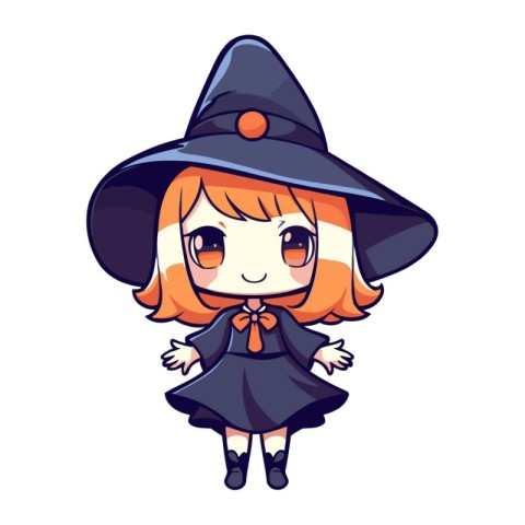 Cute cartoon witch girl in black hat and cloak. Vector illustrat