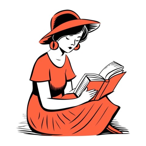 Illustration of a girl reading a book on a white background.