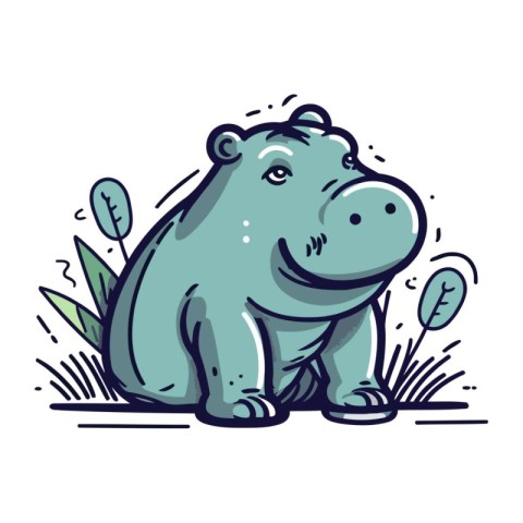 Hippopotamus sitting on grass. Vector illustration in doodle sty