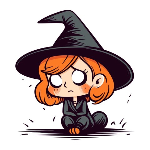 Illustration of a little girl wearing a witch costume sitting on