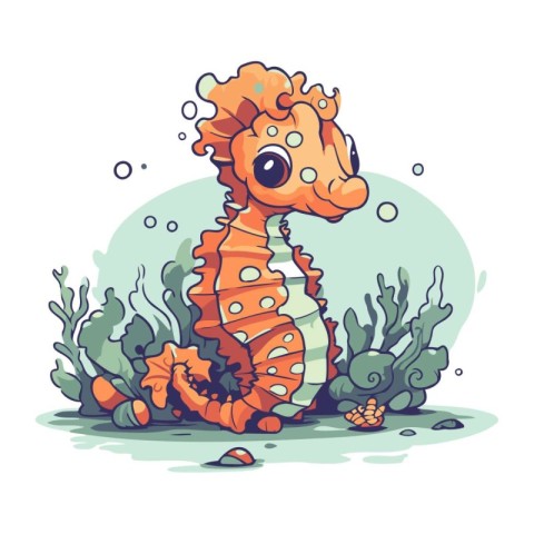 Cute cartoon seahorse and corals. Vector illustration.