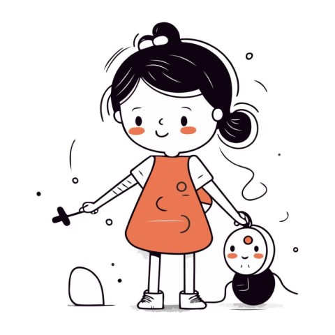 Vector illustration of a little girl playing with a doll. Cartoo